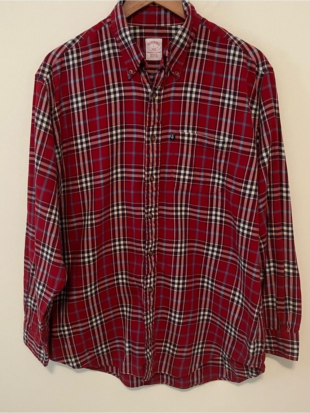 Brooks Brothers 346 Mens L Red Navy Plaid Button Down Regular Fit Preppy Cotton